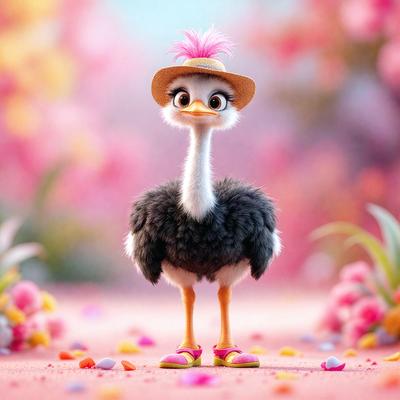 The primary subject of the image is a cartoon ostrich, which is the main focus of the scene. The ostrich is standing on a pink road surrounded by pink flowers, creating a vibrant and colorful atmosphere. The visual style of the image is a combination of photo and digital art, giving it a unique and creative appearance. The colors and mood of the image are predominantly pink, which adds a sense of warmth and playfulness to the scene.